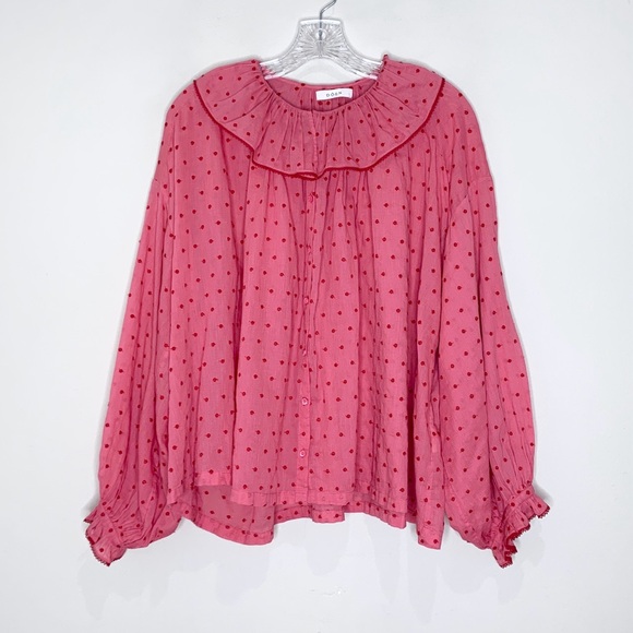 Dôen Jemma Blouse (Sz M) Long Sleeve Ruffle Collar Tea Rose Swiss Dot - Picture 3 of 15